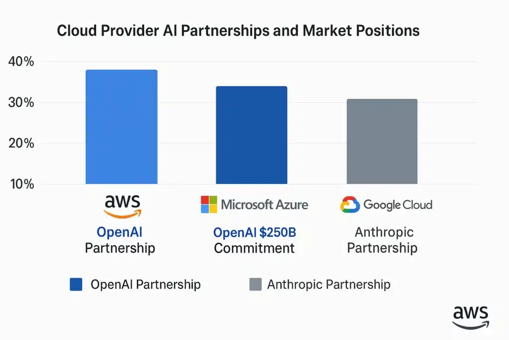 Cloud provider AI partnership comparison chart showing AWS, Microsoft Azure, and Google Cloud strategic positions in artificial intelligence infrastructure market