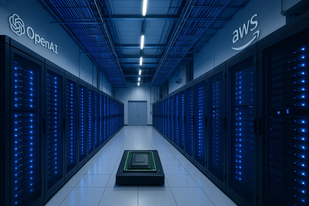 Amazon Web Services data center infrastructure representing the $38 billion cloud computing partnership with OpenAI announced November 2025