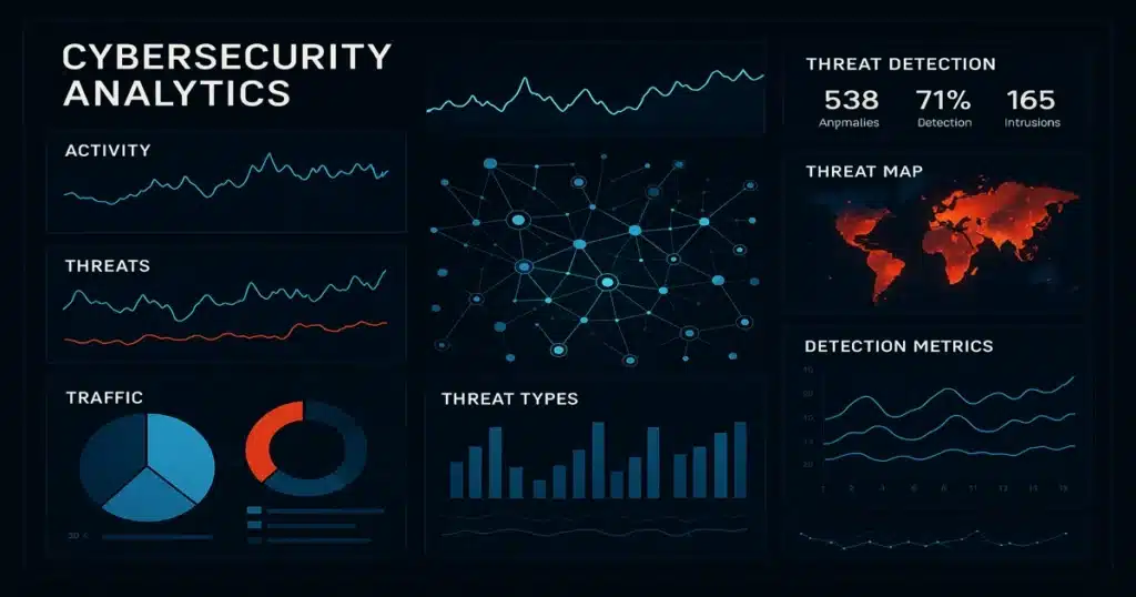 Cybersecurity analytics dashboard showing real-time AI threat detection statistics and network security monitoring