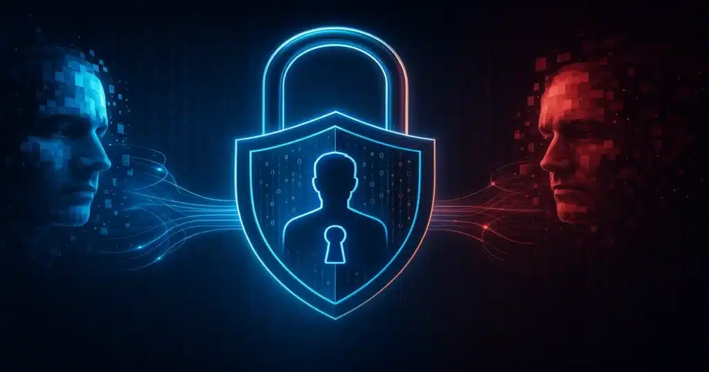 Digital padlock protecting identity from AI-generated deepfake threats with binary code and facial recognition technology