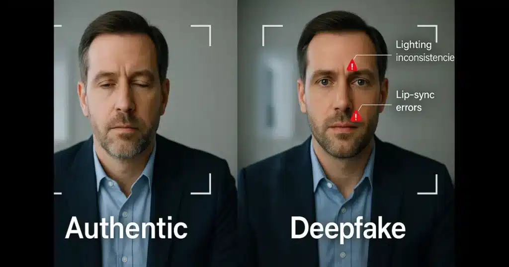 Split-screen comparison showing real person versus AI-generated deepfake with detection markers highlighting subtle differences in facial features and lighting