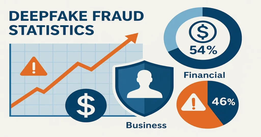Infographic showing rising trend of deepfake fraud statistics with charts graphs and warning symbols representing increased cyber threats