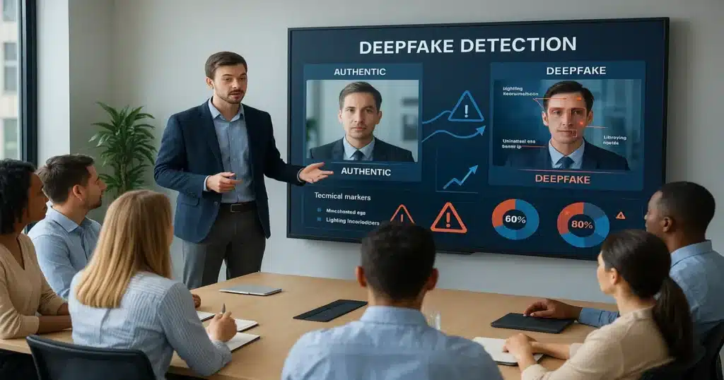 Business meeting showing security training presentation about deepfake awareness with employees taking notes and viewing examples