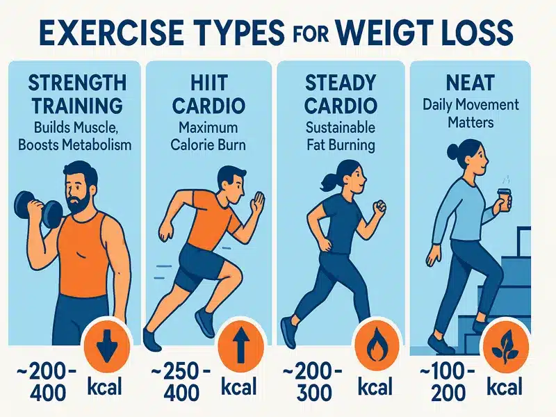 Four essential exercise types for effective weight loss: strength training, HIIT, steady cardio, and NEAT activities