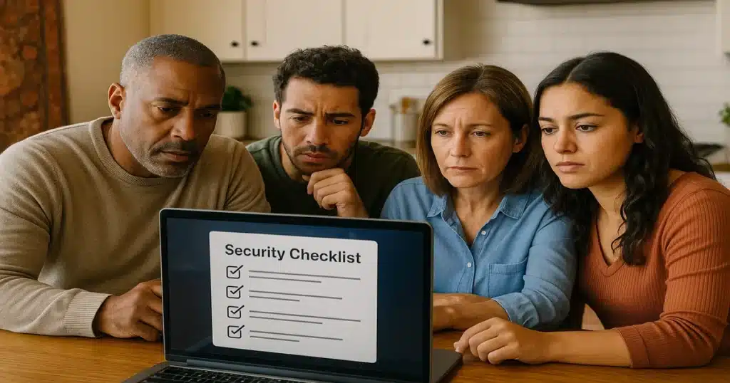 Family reviewing digital security protocols together on laptop with checklist of protection measures and authentication steps