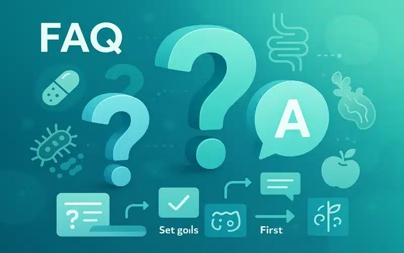 Frequently asked questions illustration about gut health probiotics microbiome and digestive wellness