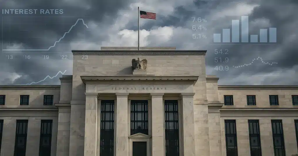 Federal Reserve building in Washington DC with economic data charts overlay showing interest rate trends