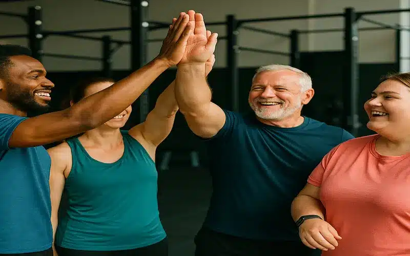 Diverse fitness community celebrating progress together showing support and motivation