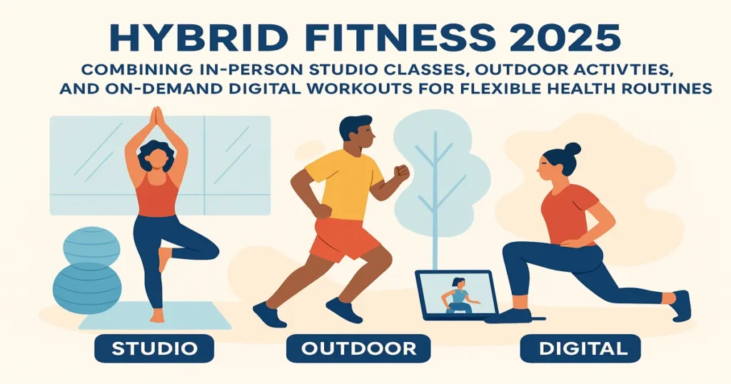 Hybrid fitness 2025 illustration showing studio exercise, outdoor activities, and digital app-based workouts for flexible modern wellbeing.