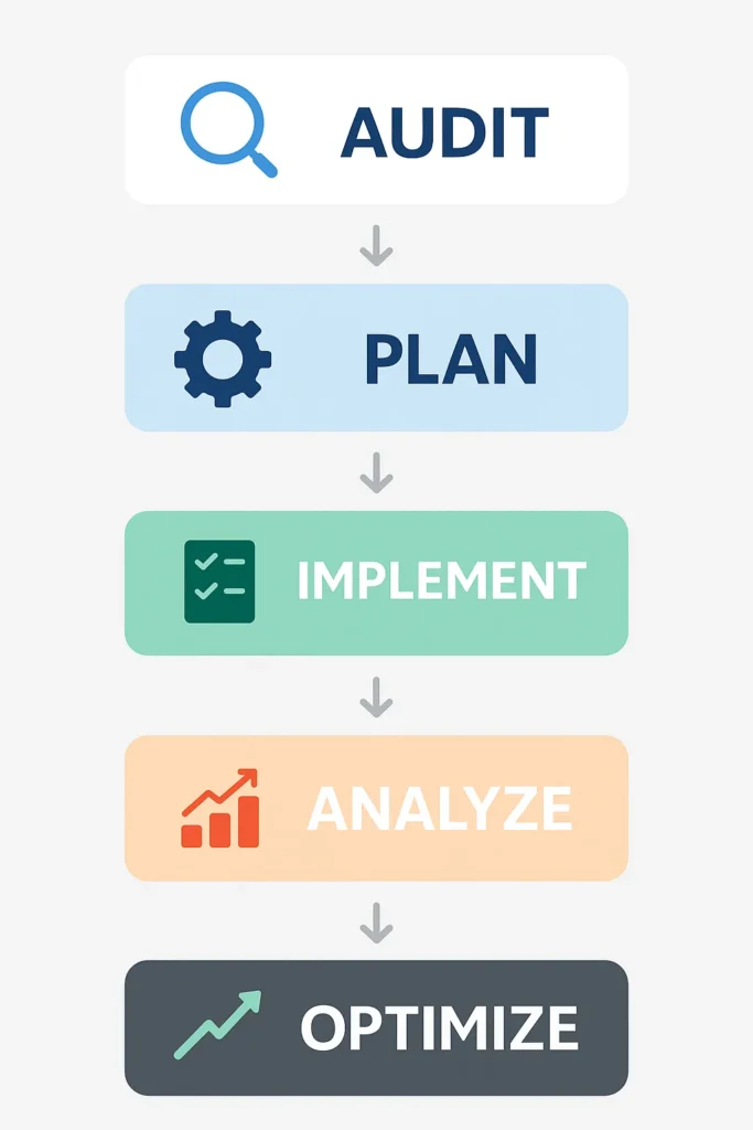 Flowchart showing the 5 steps to implement AI customer support: Audit, Select, Train, Launch, and Optimize.