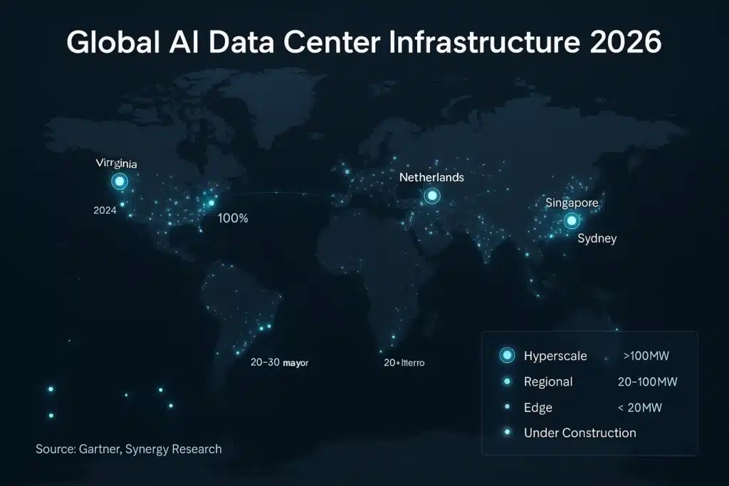 World map showing global distribution of hyperscale AI data centers and edge computing facilities in 2026
