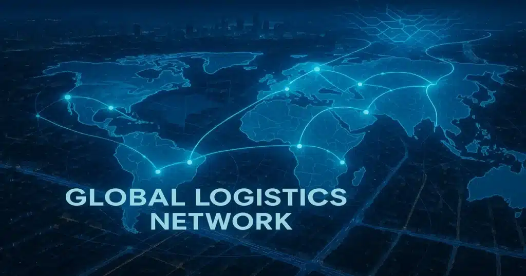 Global logistics network visualization with quantum optimization overlay showing optimized delivery routes across city grid