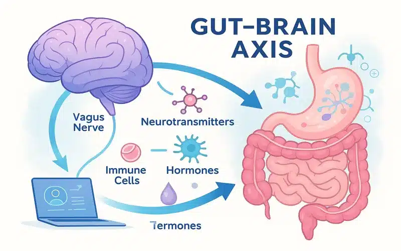 Gut-brain axis diagram illustrating bidirectional communication pathway vagus nerve and neurotransmitter connections
