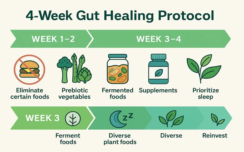 4-week gut healing protocol timeline showing dietary changes supplement addition and lifestyle modifications