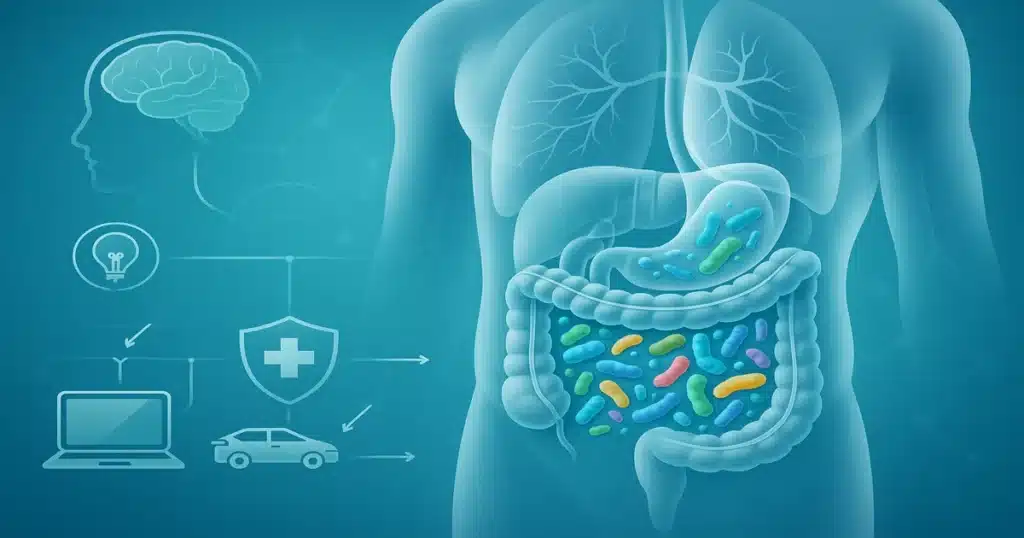 Digestive system anatomy showing gut microbiome ecosystem with diverse bacteria colonies and connections to brain and immune system