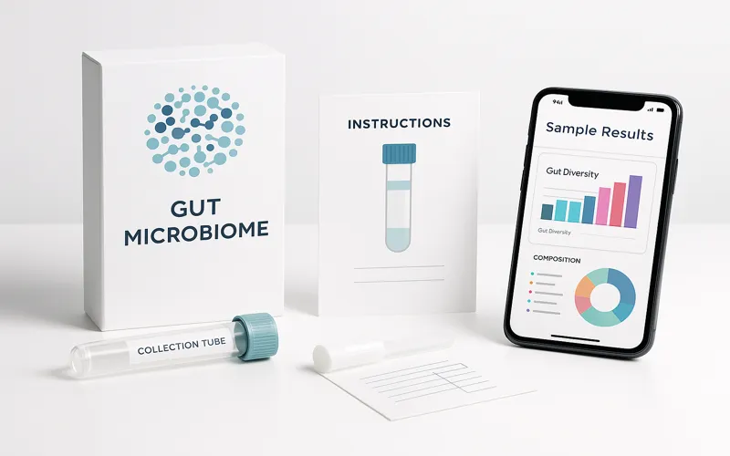 Modern gut microbiome testing kit showing stool sample collection tube instructions and digital results analysis