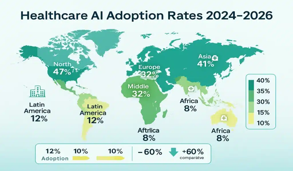 World map showing healthcare AI adoption rates by region from 2024 to 2026