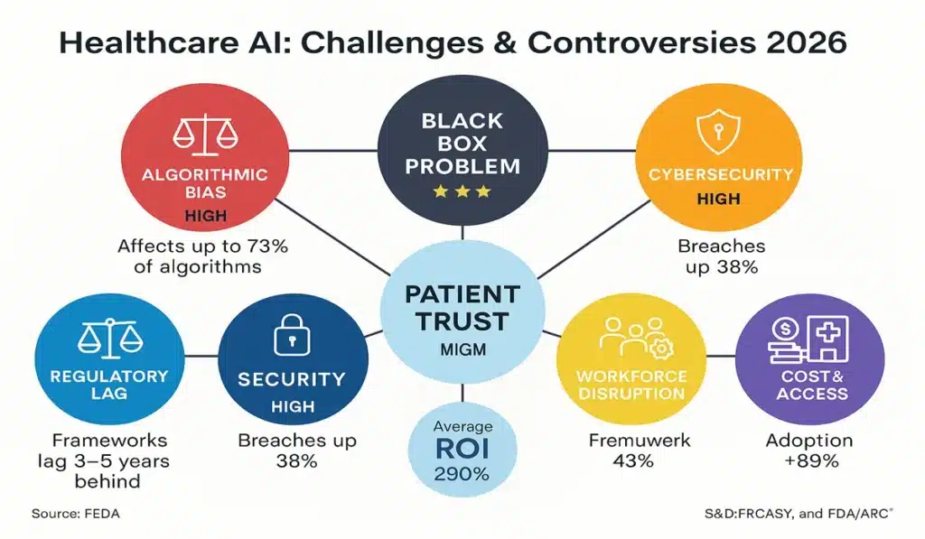 Visual summary of major challenges facing healthcare AI including bias, transparency, cybersecurity, workforce impact, and regulatory issues