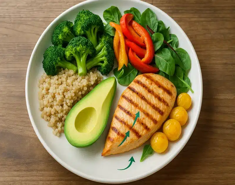 Balanced weight loss meal plate showing proper portions: half vegetables, quarter protein, quarter complex carbs, healthy fats