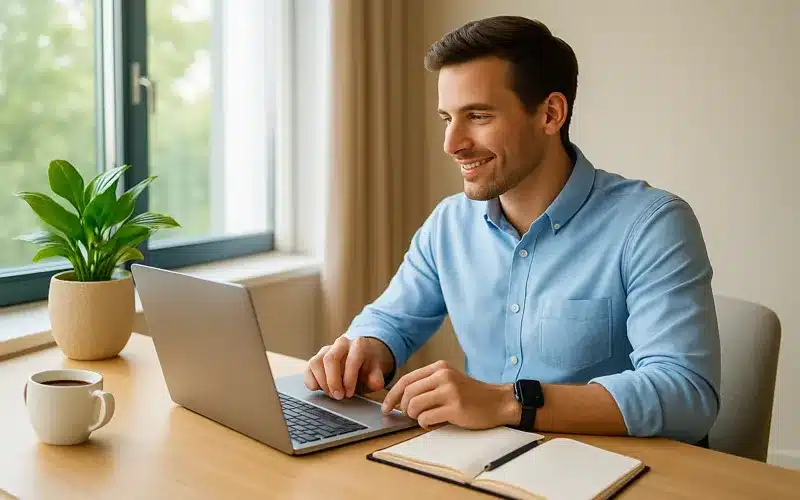 Professional working on remote side hustle from organized home office in 2025
