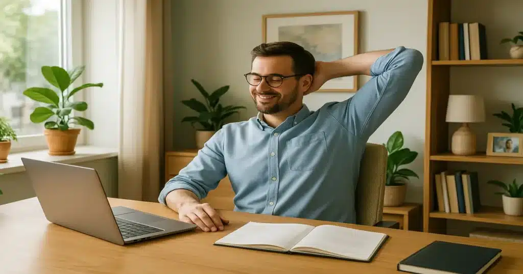 Professionals working in flexible environment demonstrating work-life balance and mental health support