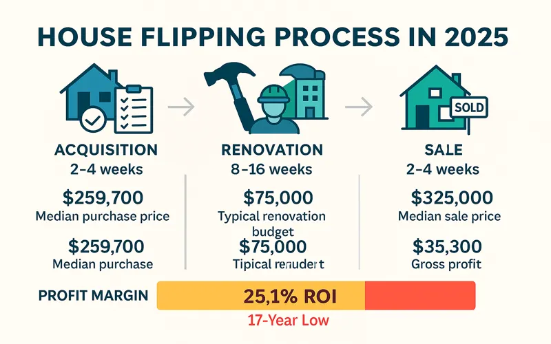 House flipping timeline and profit margin analysis for 2025 showing acquisition, renovation, and sale phases
