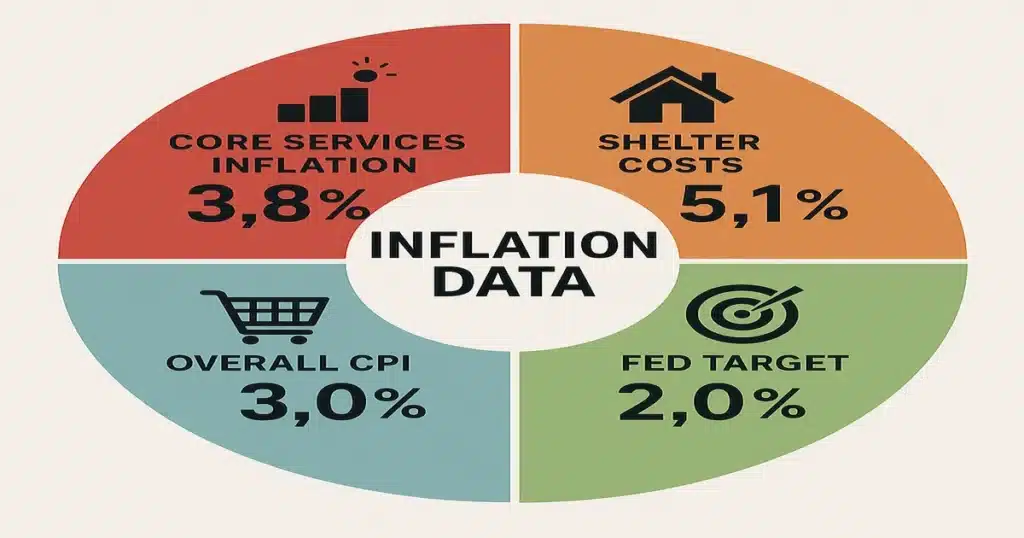 Infographic showing inflation breakdown: Core services inflation at 3.8%, shelter costs at 5.1%, overall CPI at 3.0%, Fed target at 2.0%