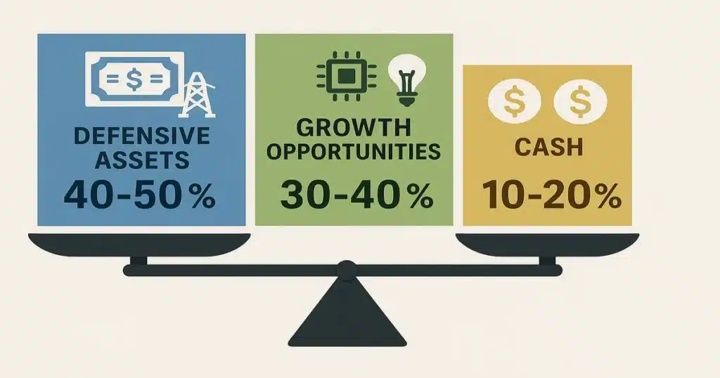 Investment portfolio allocation diagram showing barbell strategy with defensive assets, growth opportunities, and cash positions