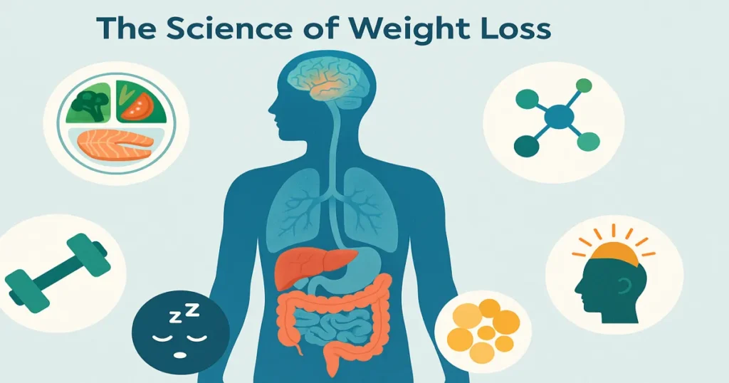 Science-based weight loss strategies showing nutrition, exercise, hormones, and lifestyle factors for sustainable results in 2025