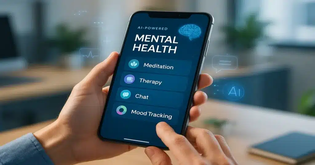 Modern digital mental health technology showing AI-powered therapy apps and telehealth platforms for workplace wellness