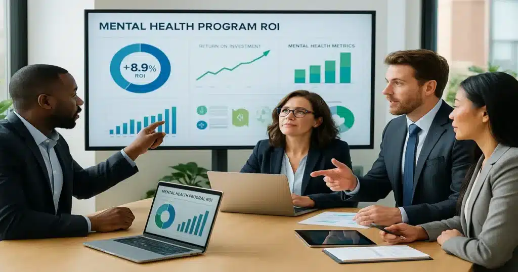 Business professionals reviewing mental health program ROI data and employee wellbeing metrics on screens