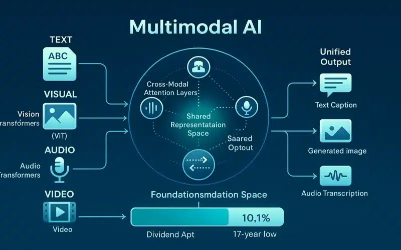 Multimodal AI architecture diagram showing integration of text, images, video, and audio processing in 2025 foundation models