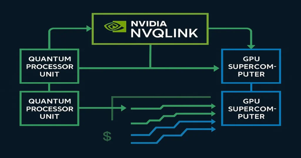 Diagram showing NVIDIA NVQLink connecting quantum processors to GPU supercomputers with data flow visualization