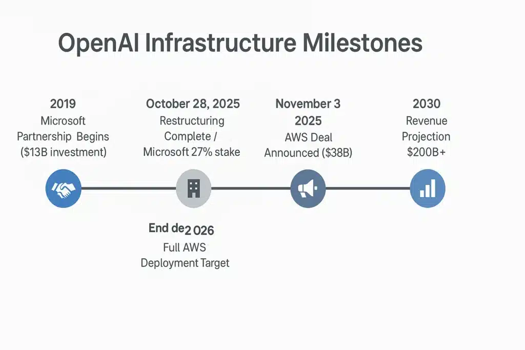 OpenAI infrastructure partnership timeline from 2019 Microsoft investment through 2025 AWS deal and future deployment milestones