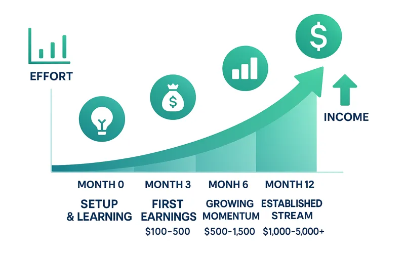 12-month passive income growth timeline showing typical earnings progression from setup to established income stream