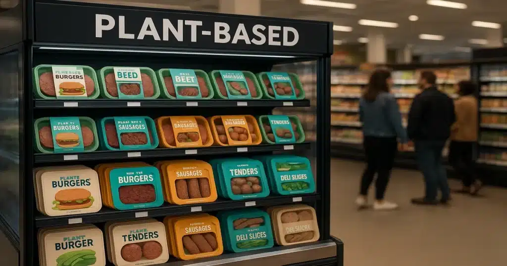 Plant-based meat alternatives and vegan protein products displayed in modern supermarket showing variety of sustainable food options