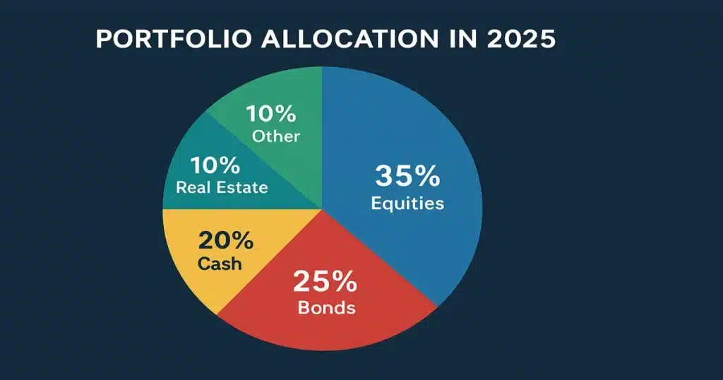 Pie chart showing recommended moderate-risk portfolio allocation for 2025 with percentages for tech/AI, bonds, international markets, REITs, alternatives and cash