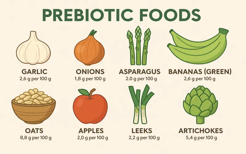 Prebiotic fiber foods infographic showing garlic onions asparagus bananas oats and fiber content per serving