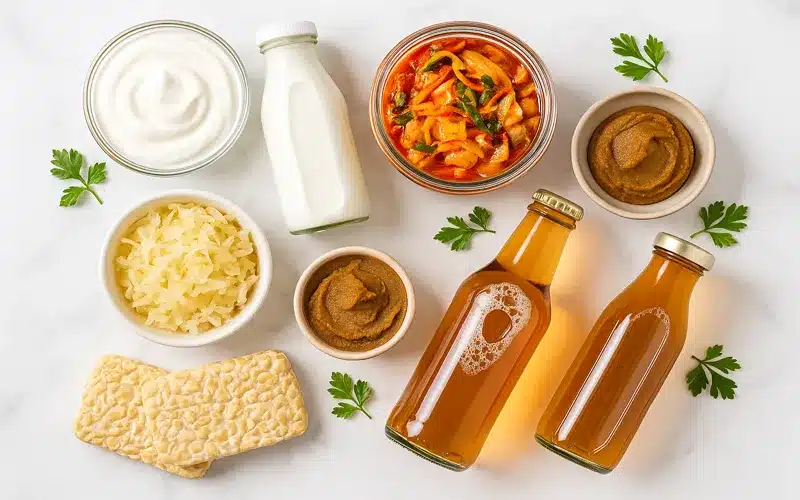 Probiotic-rich fermented foods arrangement including yogurt kefir sauerkraut kimchi miso and kombucha for gut health