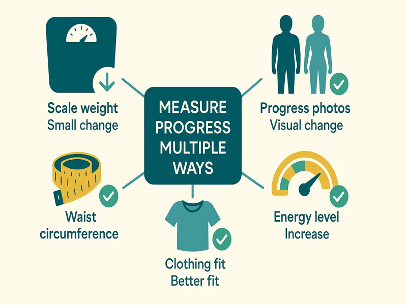 Multiple ways to measure weight loss progress: scale weight, body measurements, progress photos, energy levels, clothing fit