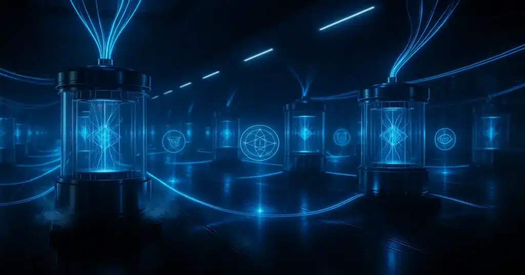 Futuristic visualization of a quantum data center with glowing cryogenic chambers, fiber optic connections, and holographic quantum state displays representing the future of quantum computing infrastructure