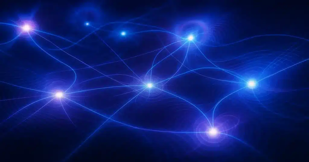 Abstract visualization of quantum information scrambling showing entangled particles and wave interference patterns in blues and purples representing the Quantum Echoes algorithm