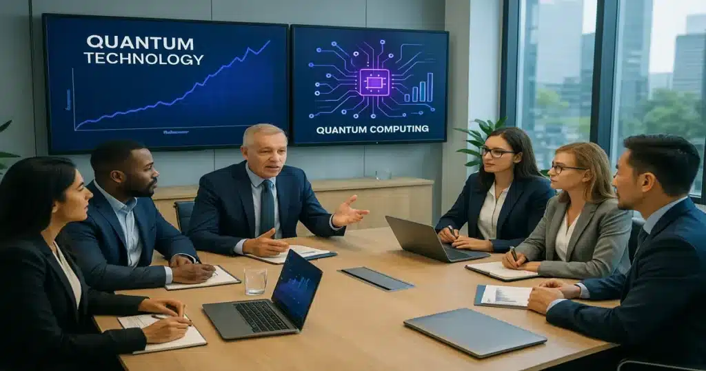 Business team discussing quantum computing implementation strategy around conference table with quantum technology presentations