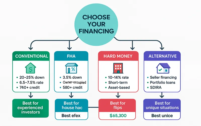 Real estate financing decision tree showing conventional mortgages, FHA loans, hard money, and alternative financing options for 2025