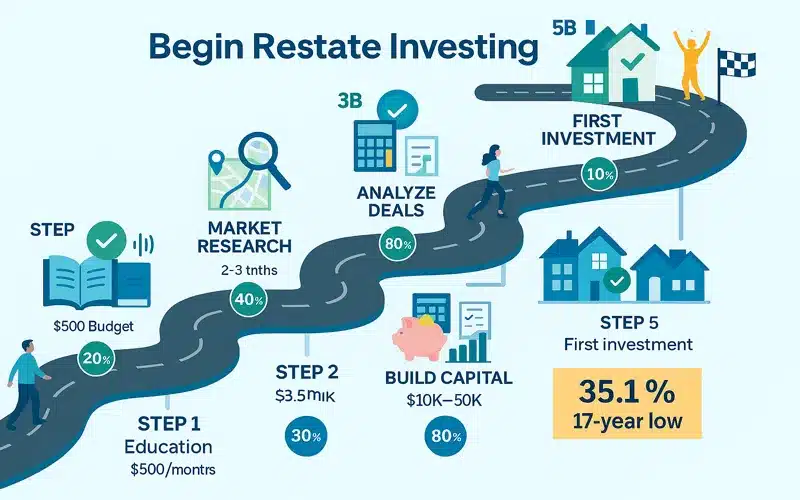 Step-by-step roadmap for beginning real estate investing in 2025 showing education, market research, and capital development phases