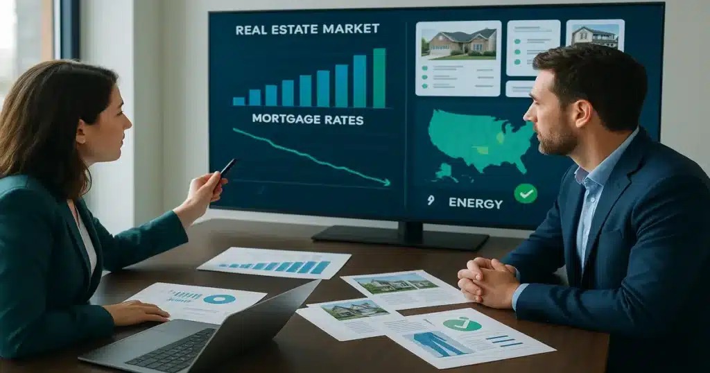 Real estate investor analyzing property investment opportunities in 2025 market with financial charts and property listings