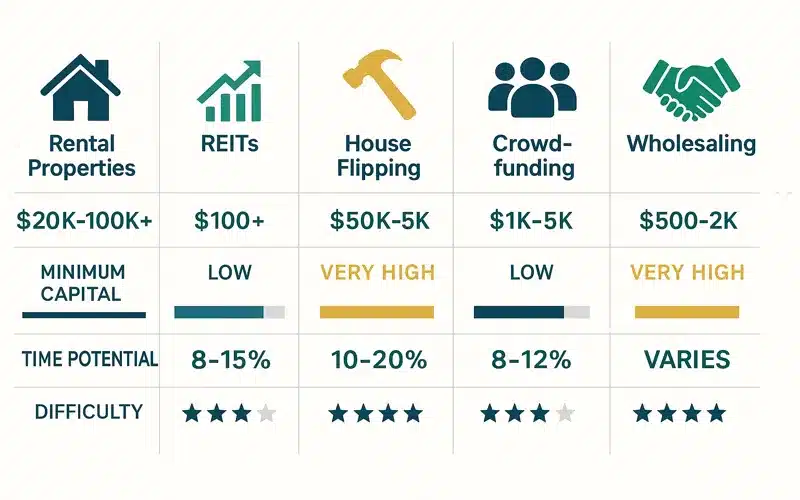 Comparison of five real estate investment strategies showing capital requirements, time commitment, and return potential for 2025