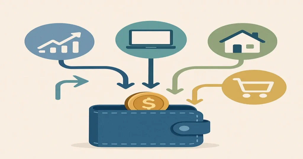 Passive income streams visualization showing dividends, digital products, and real estate investments in 2025
