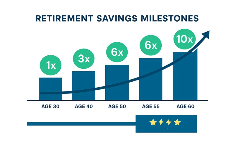 Retirement savings milestones showing recommended savings multiples of salary by age