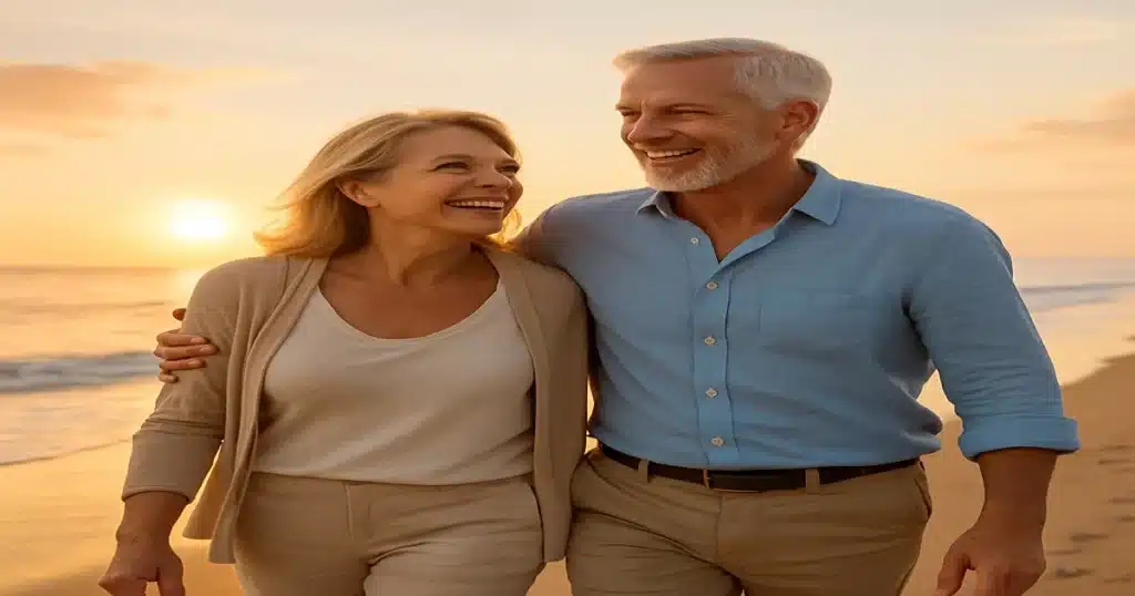 Happy retired couple enjoying successful retirement lifestyle on beach